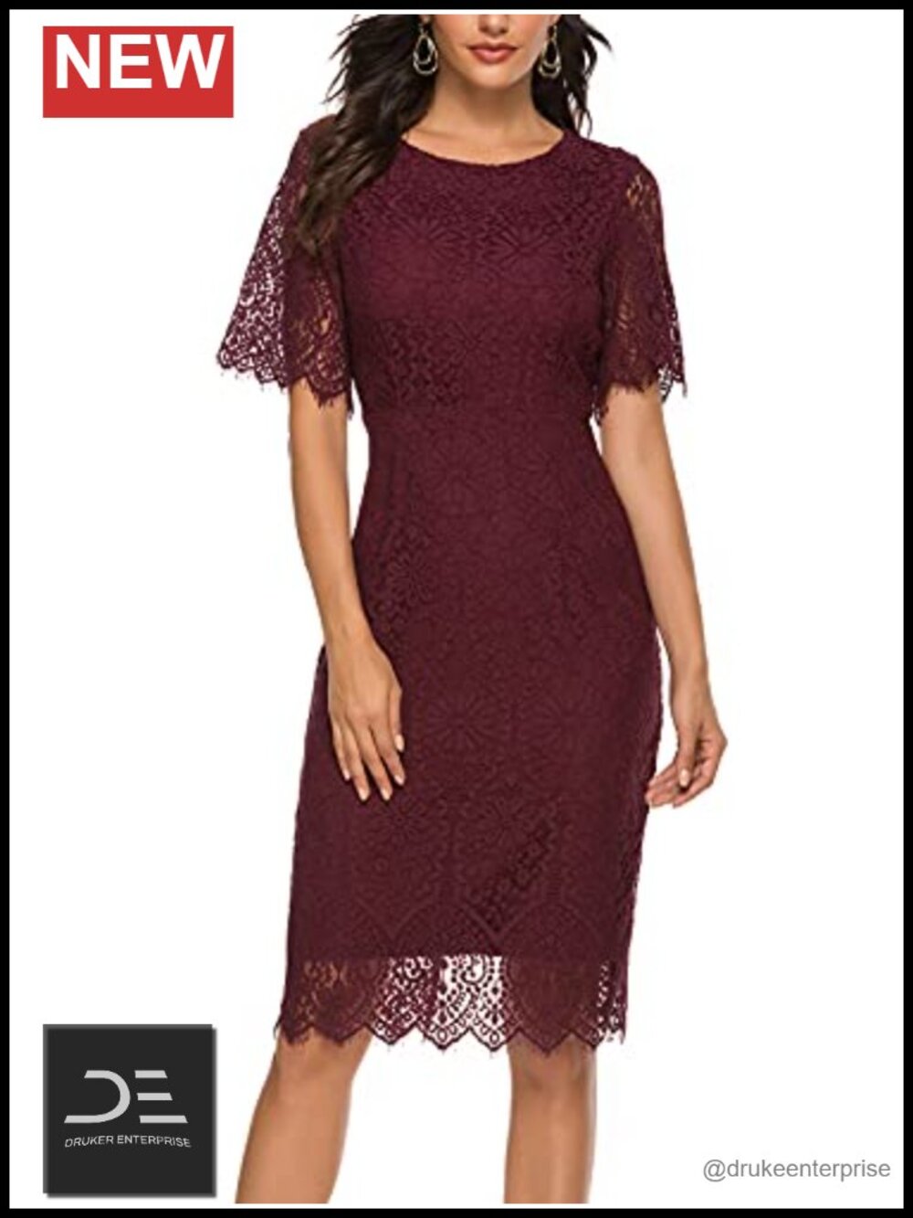 Lace Floral Cocktail Dress Short Sleeve Crew Neck Knee Length Party